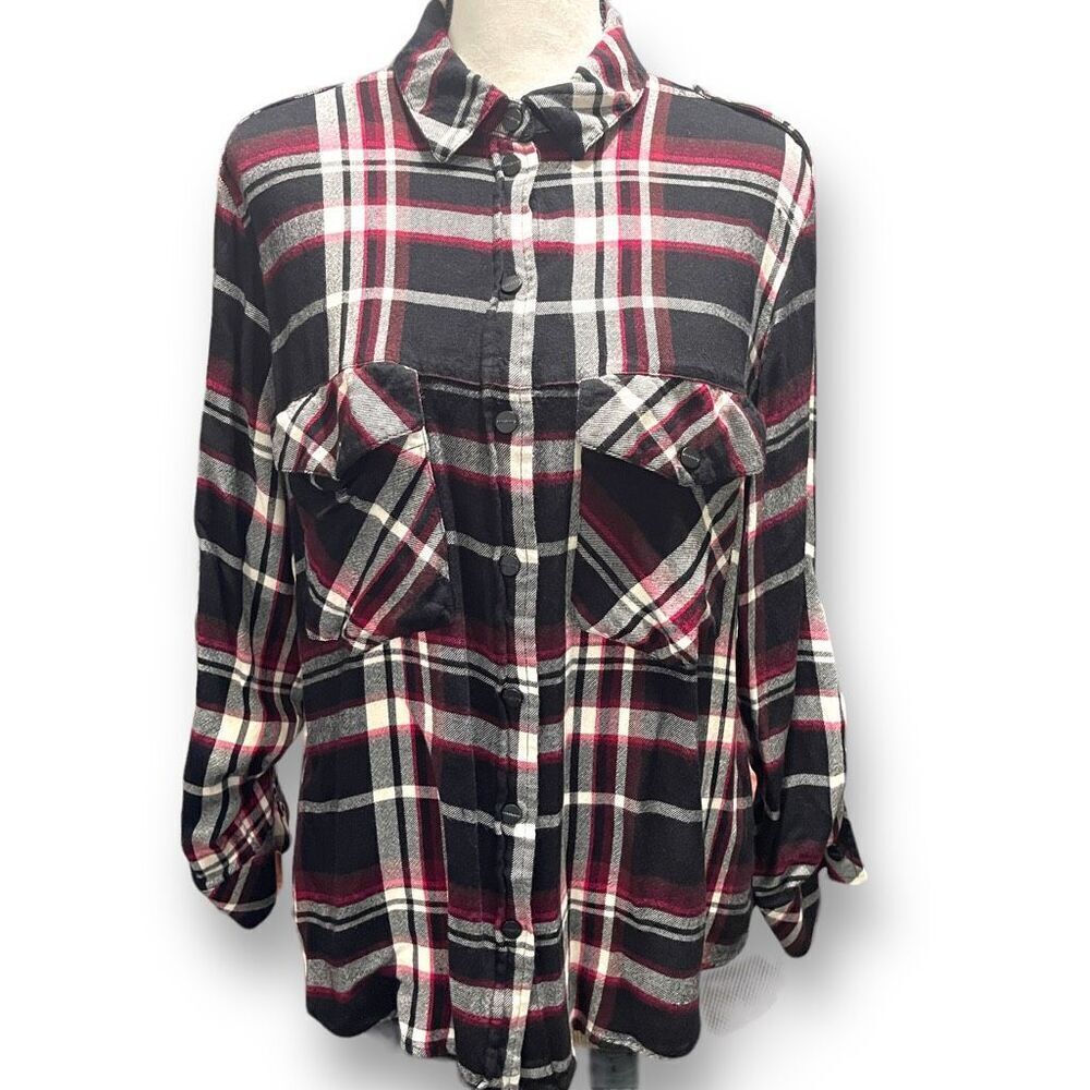 Sanctuary Women's Fizz Plaid Boyfriend for Life Shirt‎ Black & Red Medium